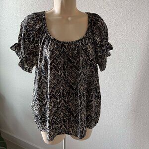Joie 100% Silk Bohemian Peasant Top | Ruffle Sleeve | Black & Cream Print | S